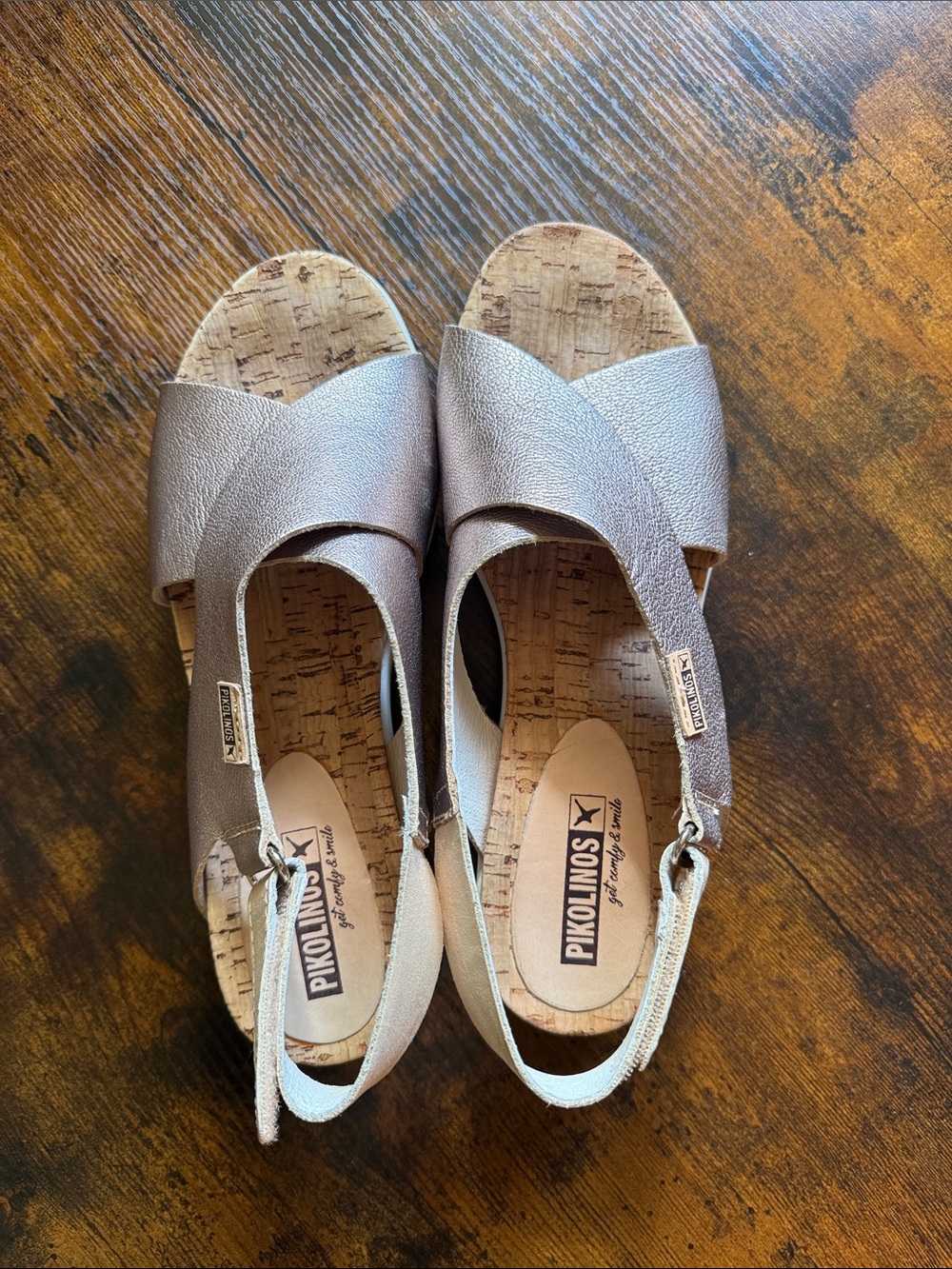 PIKOLINOS Metallic Rose Gold Cross-Strap Cork Wedge Sandals